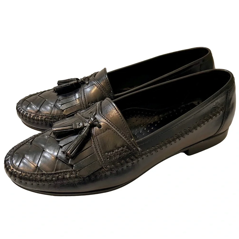 G.H. Bass & Co Black Leather Kilted Tassel Weave Loafer Shoes Mens 10.5M